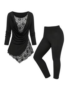 EMERY ROSE 2 件大码圆领长袖褶皱上衣和高腰无缝裤套装