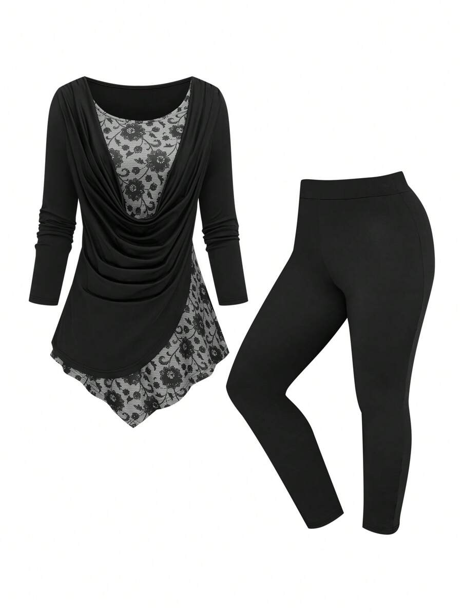 EMERY ROSE 2 件大码圆领长袖褶皱上衣和高腰无缝裤套装