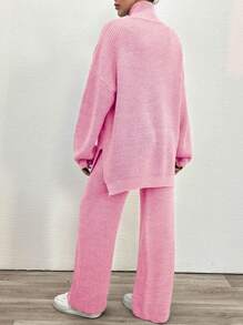 2 pièces Ensemble décontracté femme, pull ample à manches longues col zippé et épaule tombante de couleur unie et pantalon tricoté, automne hiver