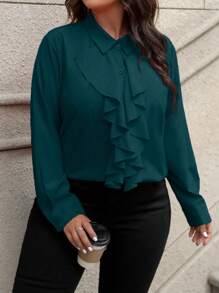 SHEIN Clasi 大码女式春夏纯色荷叶边长袖优雅秋季衬衫女式衬衫 - 青碧色 - 查看 5
