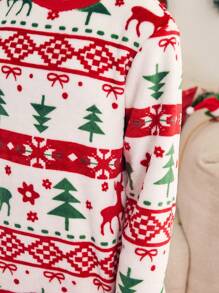 女童法兰绒圣诞睡衣套装，带鹿和树图案，长袖上衣和裤子，休闲舒适的冬季睡衣 - 紅色 - 查看 5