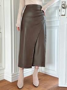 DAZY 女士纯色不对称设计休闲半身裙，铅笔裙，皮裙 - 咖啡棕 - 查看 7