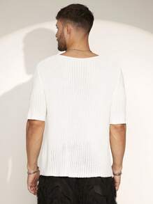 FeverCity Men's Solid Color V-Neck Short Sleeve Knitted Sweater - White - View 3