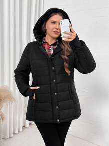 SHEIN LUNE Abrigo con capucha acolchado de manga larga en color negro para mujer de talla grande, con forro polar para abrigar en invierno. Chaqueta y parka acolchada, empaquetable y liviana, con cremallera completa y capucha. Abrigo acolchado de invierno resistente al agua de manga larga para mujer. Chaqueta de invierno 2024 con bolsillos, abrigos abultados, outfit para vacaciones