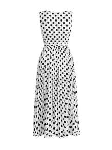 SHEIN Clasi Women's Round Neck Sleeveless Polka Dot Black And White Pleated Waist Tie Dress, Elegant - Black and White - View 2