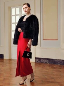 ZEYLAH 纯色开叉大腿链条腰带裙 - 紅色 - 查看 7