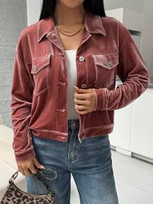 SHEIN Essnce معطف نسائي قصير صياغة كاجوال بجيوب حمل بقصة الكتف بغرة مصنوع من القطيفة، معاطف للنساء، معطف شاكت للنساء في الشتاء، معطف نسائي ذو أكمام طويلة منظم للموسم الانتقالي - وردي المرجاني - مشاهدة 5