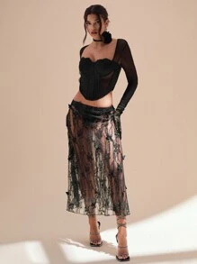 Glamine Women Lace Mesh Butterfly Decorated See-Through Skirt, Casual Summer
