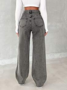 SHEIN Tall Women's V-Neck Long Sleeve Fitted Elegant Top And Button Belt Band Straight Leg Casual Jeans - Grey - View 2