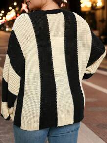 SHEIN CURVE+ Pull ample décontracté avec encolure ronde et épaules tombantes en blocs de couleurs pour femmes grande taille, automne/hiver - Multicolore - Voir 2