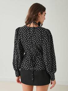 Enchnt 女式 V 领花卉印花泡泡袖优雅衬衫，适合春夏季 - 黑色 - 查看 8