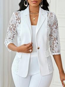 SHEIN Lady 四季白色西装女西装外套女大衣蕾丝拼接优雅秋冬套装 - 白色 - 查看 4