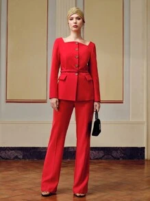 ZEYLAH GOLD FLORAL BUTTON PLACKET BUCKLE BELTED JACKET - Red - View 4