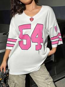 SHEIN Unity 女士休闲宽松 V 领蝙蝠袖短袖数字印花 T 恤，夏季 - 粉色 - 查看 5
