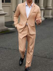 Manfinity Mode Men's Solid Button Front Long Sleeve Jacket And Pocket Design Trousers Suit - Khaki - View 5