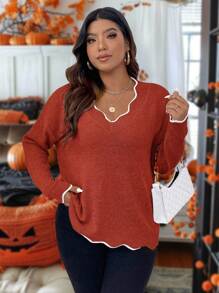 Calvaya Plus Contrast Binding Drop Shoulder Scallop Trim Sweater, For Winter Knit Pullover Fall Sweater - Redwood - View 5