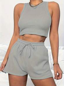INAWLY 2 件女式圆领无袖上衣和抽绳休闲短裤套装