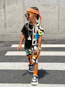 SHEIN 2pcs/Set Casual Sports "Young Boy" Letter Print T-Shirt And Shorts