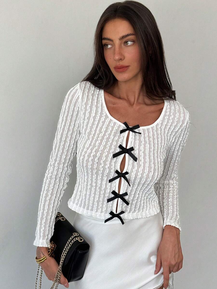 Aloruh New Contrast Color Bow Decor White Crew Neck Sexy Sheer Long Sleeve Top - Black and White - View 1