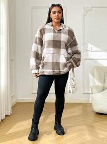 SHEIN PETITE CURVE Áo nỉ Teddy vai trễ nửa khóa kéo họa tiết kẻ caro Buffalo - Nhiều màu - Xem 3