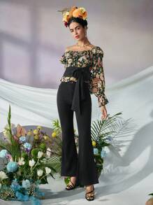 VERO DIAZ Frida Kahlo X SHEIN X Designer 1pc Asymmetrical Shoulder Ruffle Trim Floral Print Bow Tie Cropped Top, Holiday, Thanksgiving, Vacation, Spring & Summer, Going Out, Festival - Multicolor - View 3