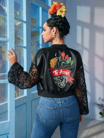 Israel Jasso Frida Kahlo X SHEIN X Designer Veste décontractée d' à manches lanternes en dentelle, imprimé cœur et fleurs à l'arrière, . Idéal pour les vacances, Thanksgiving, la Saint-Valentin, le printemps, les festivals