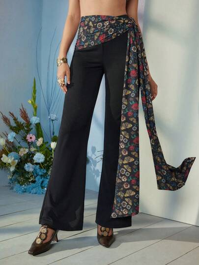 Frida Kahlo X SHEIN X Designer VERO DIAZ Floral Print Tie-Waist Bow Decor High-Waist Flare Suit Pants, Holiday, Thanksgiving, Spring & Summer, Festival