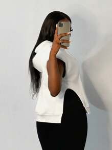 Slaydiva Sudadera con capucha blanca casual, sin mangas, suelta y con abertura lateral - Blanco - Ver 2