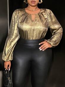 Slaydiva 大码纯色圆领长袖镂空简约休闲上衣 - 金色 - 查看 6