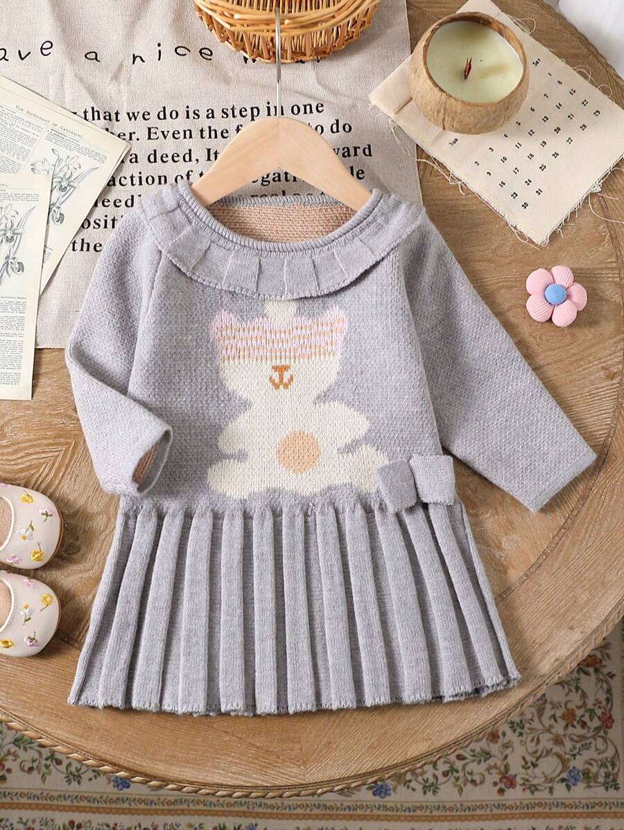 女婴秋季服装,18个月女婴服装,可爱秋季服装,女婴毛衣连衣裙,长袖荷叶领百褶裙,小熊提花可爱针织连衣裙 - 灰色 - 查看 1