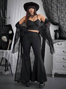 Flirla Bộ 2 món Halloween cỡ lớn có lưới nhung lông thú cổ cánh dơi áo khoác dài thêm & quần ống loe - màu đen - Xem 2