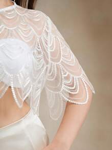 Anewsta 大码复古法式优雅亮片披肩，薄款短上衣 - 白色 - 查看 7