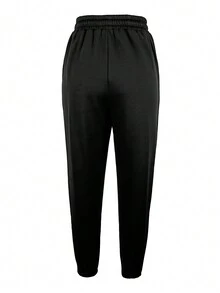 女士保暖内衬抽绳腰口袋直筒休闲裤，秋冬款 - 黑色 - 查看 2