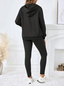 SHEIN Maternity Fleece Hoodie Sweatshirt & Leggings 2Pcs Set, Button & Drawstring Waist, Loose & Adjustable, Black - Black - View 16