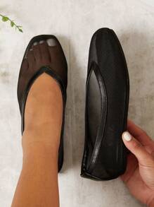 SHUZIA 女士性感黑色透气网眼拖鞋平底杏仁形鞋头芭蕾平底鞋配舒适鞋垫新年假期 - 黑色 - 查看 5