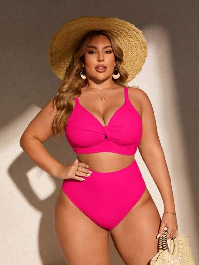 SHEIN Swim Curve Conjunto de traje de baño de talla grande de unicolor, para verano