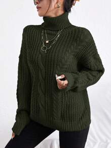 RueChic Cable Knit Turtleneck Drop Shoulder Jumper - Army Green - View 4