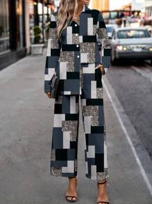 SHEIN Clasi 2pcs Abstract Geometric Print Long Sleeve Top And Wide Leg Pants Set For Women, Suitable For Autumn And Winter - Multicolor - View 3