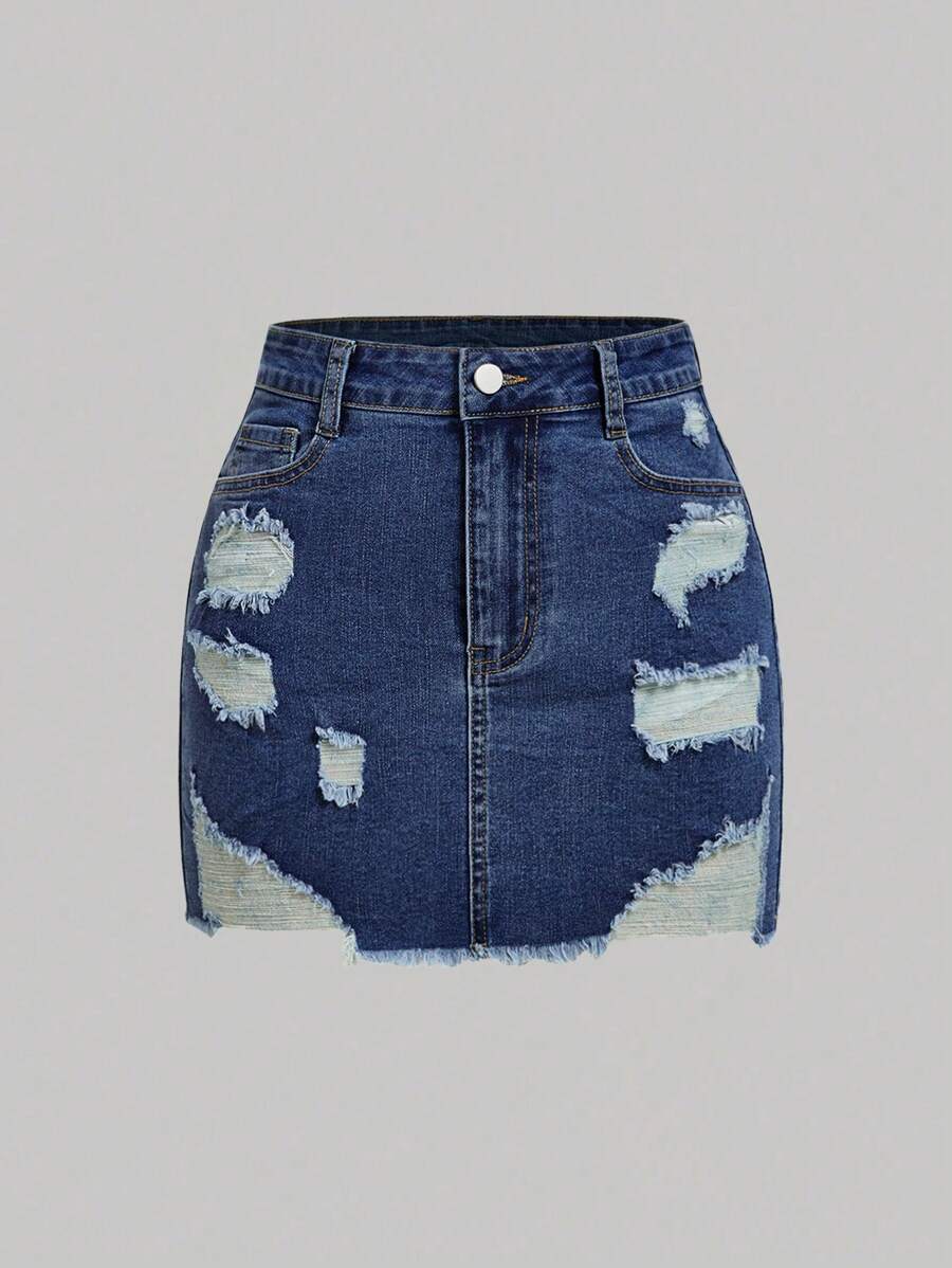 SHEIN MOD 女式前纽扣口袋做旧磨边下摆休闲牛仔半身裙