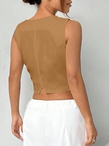 SHEIN EZwear 女士 V 领纽扣式无袖休闲平纹编织背心夹克（驼色） - 駝色 - 查看 3