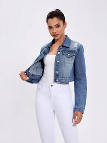 Women's Spring And Autumn Long Sleeve Single-Breasted Distressed Casual Short Denim Top - Blue - View 4