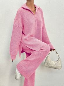 2 pièces Ensemble décontracté femme, pull ample à manches longues col zippé et épaule tombante de couleur unie et pantalon tricoté, automne hiver