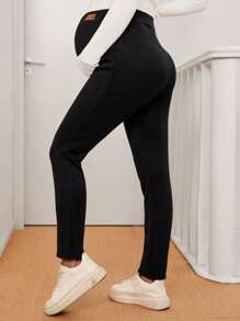 SHEIN Maternity Adjustable Waist Letter Print Casual Leggings - Black - View 2