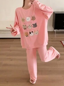 DAZY 可爱卡通印花连帽衫套装，可爱睡衣套装 - 粉色 - 查看 8