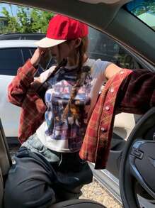 DAZY 女式格子宽领春秋衬衫，适合圣诞节、中国新年服装、春夏秋季、法兰绒女装、秋季女装长袖上衣 - 紅色 - 查看 3