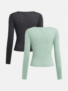 SHEIN Girlism 2pcs Tween Girls' Fitted Casual Solid Color U-Neck Ruched Long Sleeve T-Shirt Sets