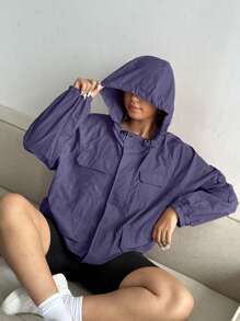 Flirla Veste à capuche décontractée unie grande taille à manches longues, vêtement quotidien - Prune - Voir 1