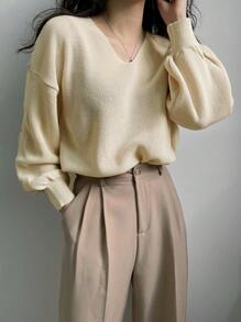 DAZY Drop Shoulder Ribbed Knit Sweater Fall - Apricot - View 7