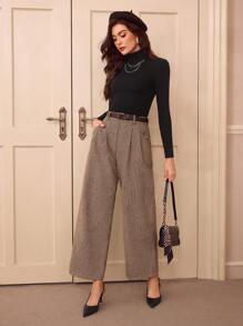 Vintamour Vintage Classic Elegant Women's Pants, Fitted Wool Plaid Pants With Belt & Pockets, Available In Coffee & Khaki Colors, Suitable For/Brown Office Old Money Spring - Brown - View 6