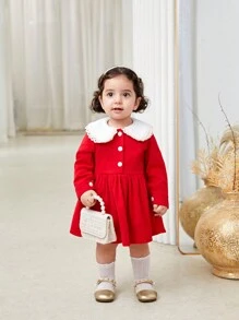 SHEIN Baby Girl Warm & Elegant Red Ruffled Collar Long Sleeve Knee-Length Dress For Christmas Party And Casual Outings, Autumn Winter - Red - View 3